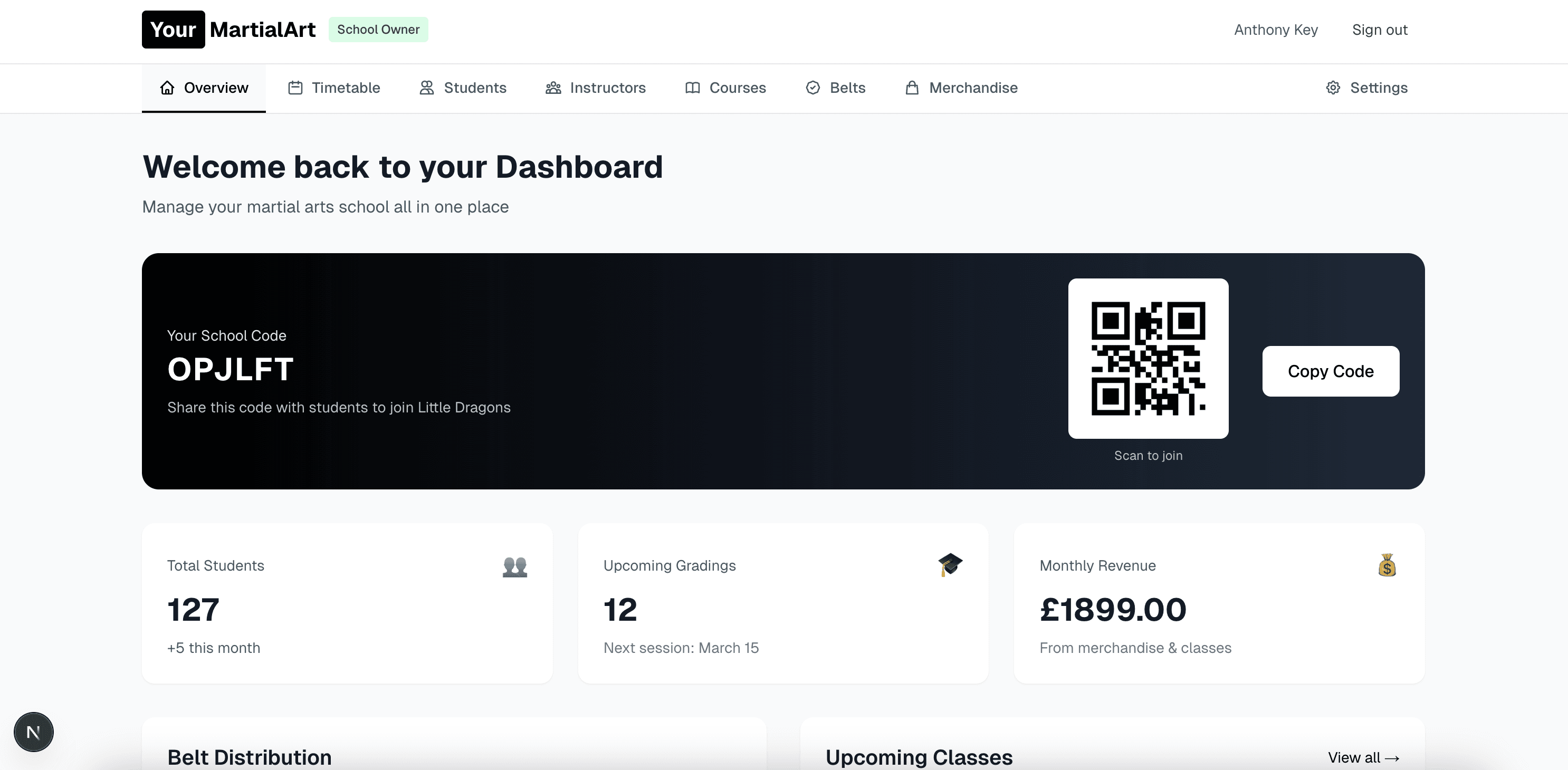 YourMartialArt Dashboard - School overview with student stats, gradings, and revenue