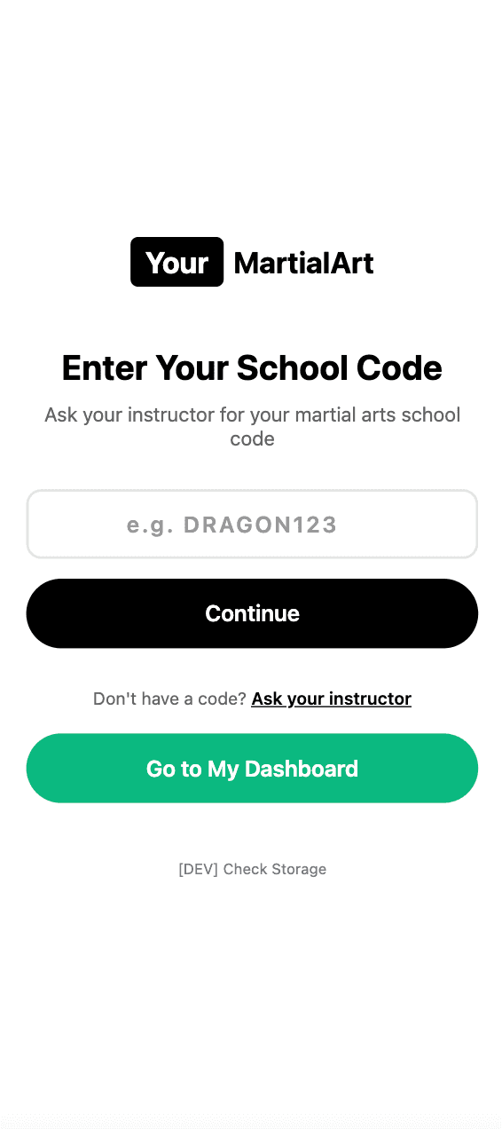 YourMartialArt Mobile App - Enter school code to join your martial arts school