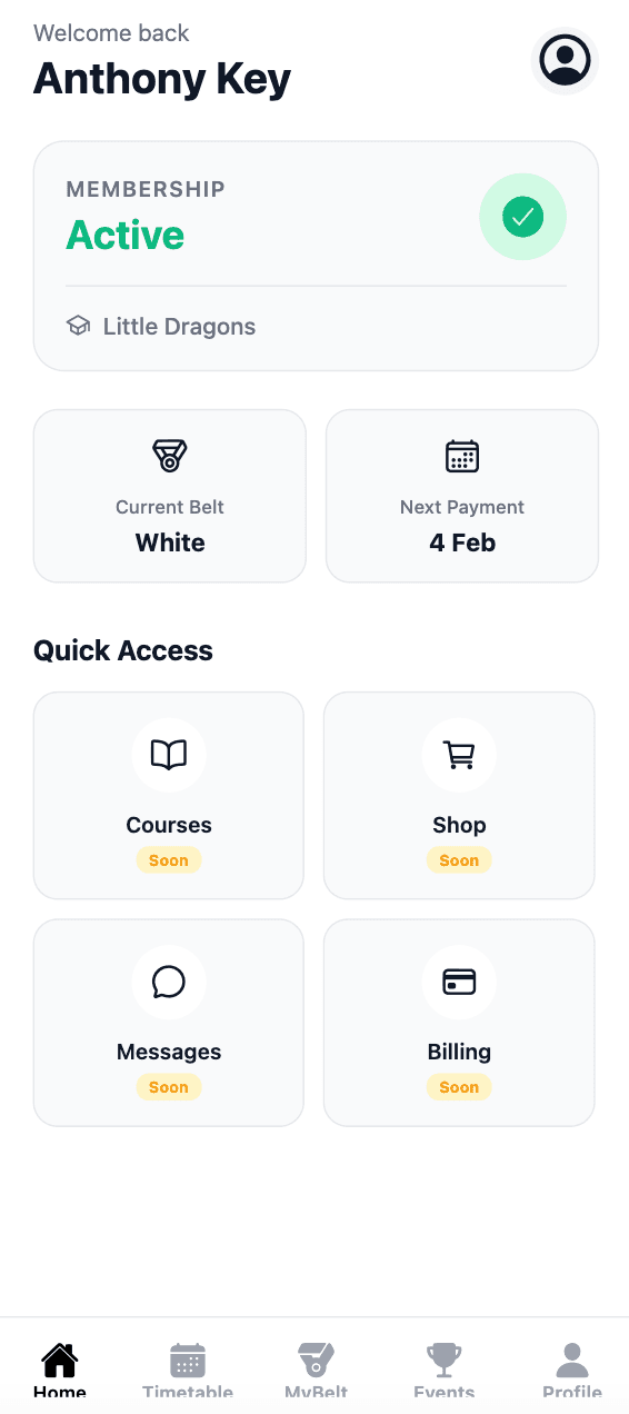 YourMartialArt Mobile App - Student dashboard with membership, belt progress, and quick access